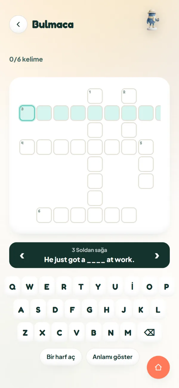 FE App, Mini Bulmaca oyunu: öğrenilen kelimelerle kurulan bulmaca ve klavye
