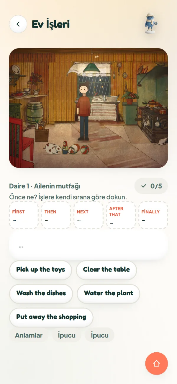 FE App, Ev İşleri oyunu: boyalı bir mutfak sahnesi ve sırayla dokunulacak İngilizce işler (Pick up the toys, Wash the dishes)