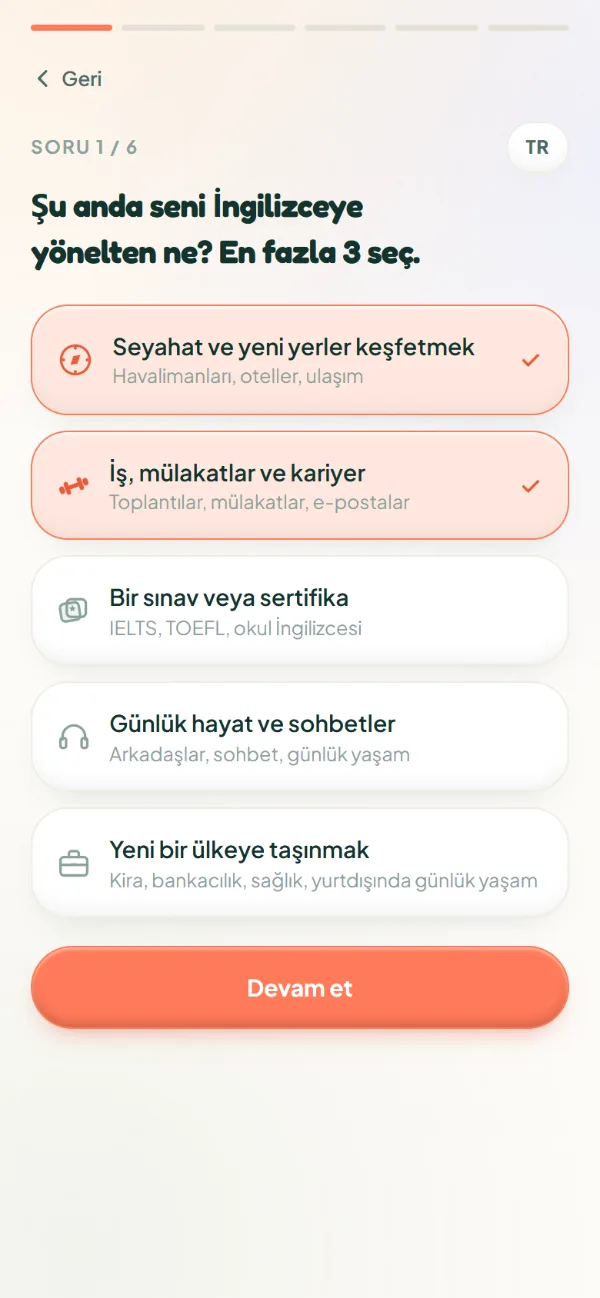 FE App ilk soru: Seni İngilizceye yönelten ne? En fazla 3 hedef seçilen ekran