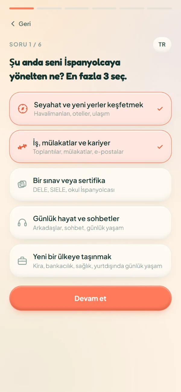 FE App İspanyolca ilk soru: En fazla 3 hedef seçilen ekran